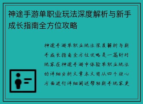 神途手游单职业玩法深度解析与新手成长指南全方位攻略