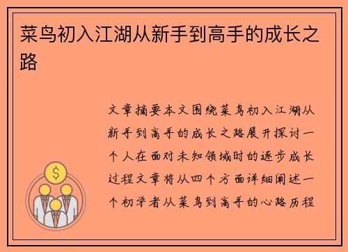 菜鸟初入江湖从新手到高手的成长之路