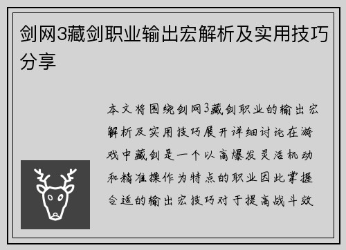 剑网3藏剑职业输出宏解析及实用技巧分享